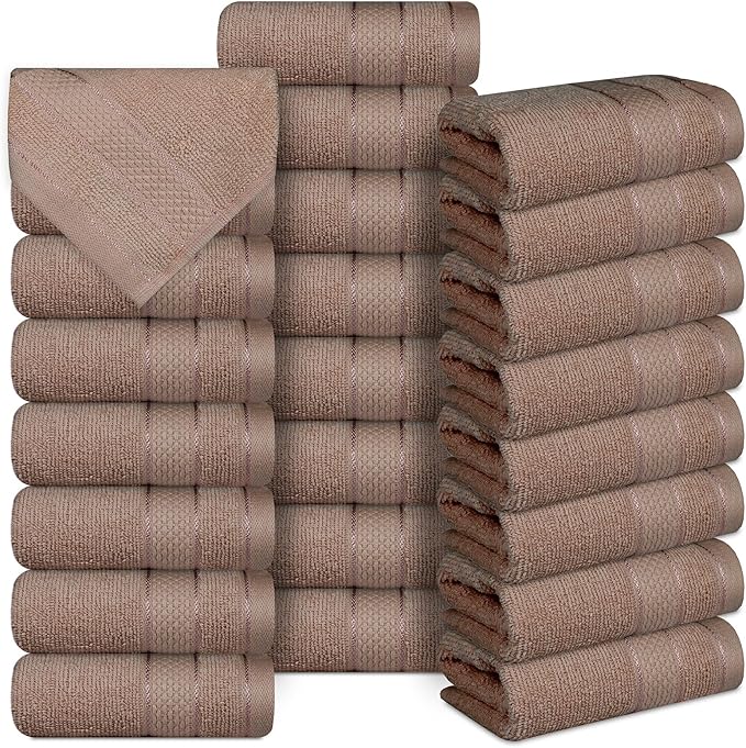 Casa Lino Face Towels & Body Wash Cloths for Showering - 100% Cotton Wash Cloths for Bathroom - Highly Absorbent & Quick Drying Washcloth Set - Cotton Washcloths 24 Pack (12" x 12") - (Brown)