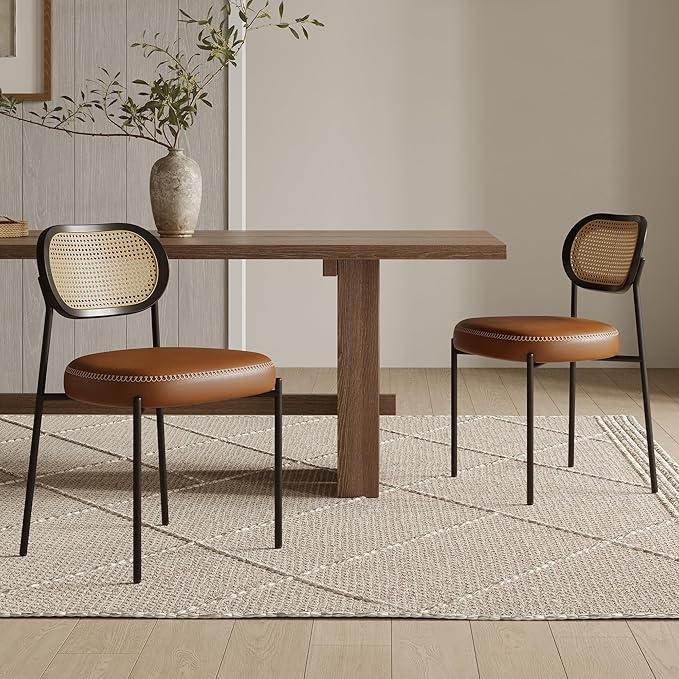 Rattan Dining Chairs Set of 6, Camel Leather Upholstered Dining Chairs with Rattan Cane Back, Mid Century Modern Dining Room Chairs with Black Metal Legs & D-Shaped Thicken Cushion, Camel