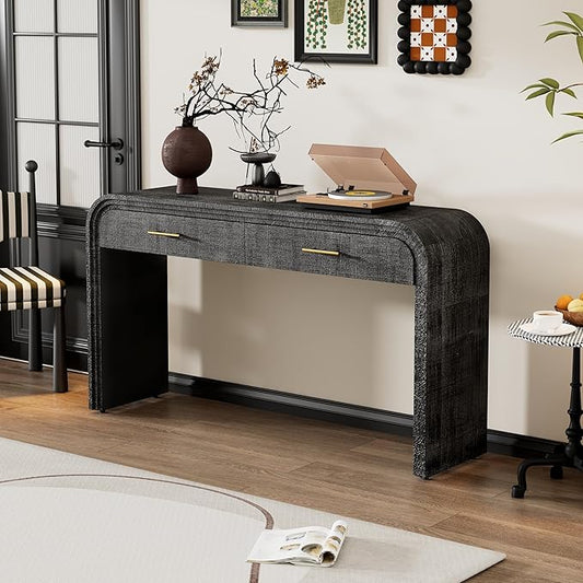 Unique Retro Silhouette Console Table with Open Style, Two Top Drawers for Entrance, Dinning Room, Living Room (Antique Black)