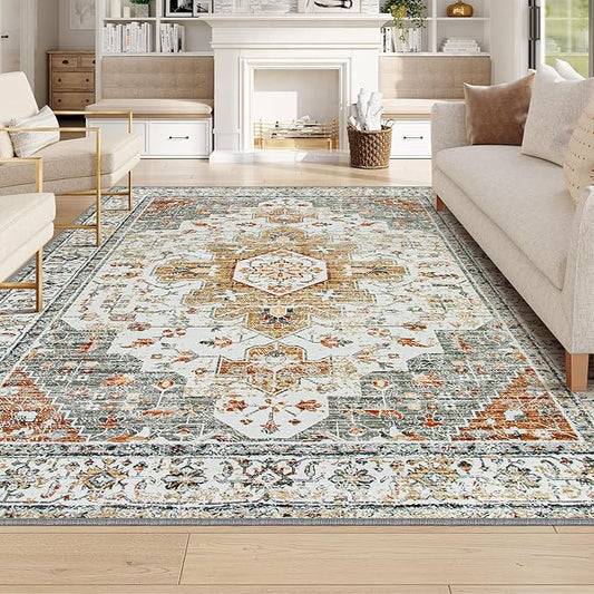 Moynesa Living Room Area Rug 9x12, Ultra-Thin Washable Large Rugs for Bedroom Under Dining Room Table, Vintage Oriental Medallion Printed Low Pile Carpet for Office Playroom Dorm, Beige/Gold