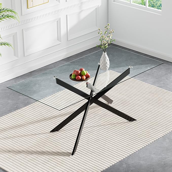 60" Rectangular Glass Dining Room Table for 6 with Tempered Glass Top and Black Metal Legs, Modern Clear Kitchen and Dinner Table for Home Office Dining Room