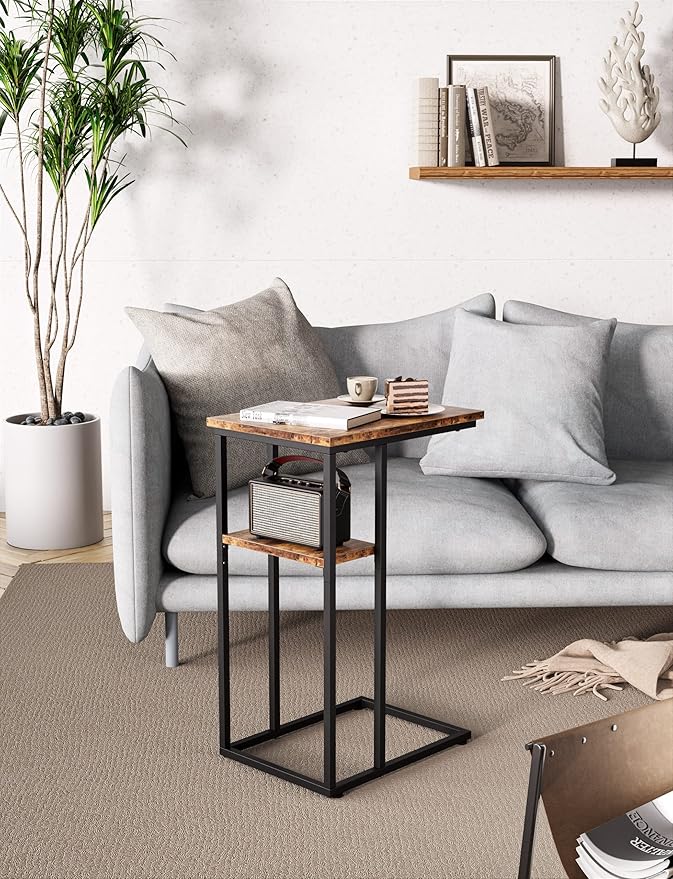 Innerjoin Slim C Shaped End Table, C Side Table for Sofa, Couch and Bed, Tv Tray Table fits Small Space, Living Room Bedroom, Rustic Brown