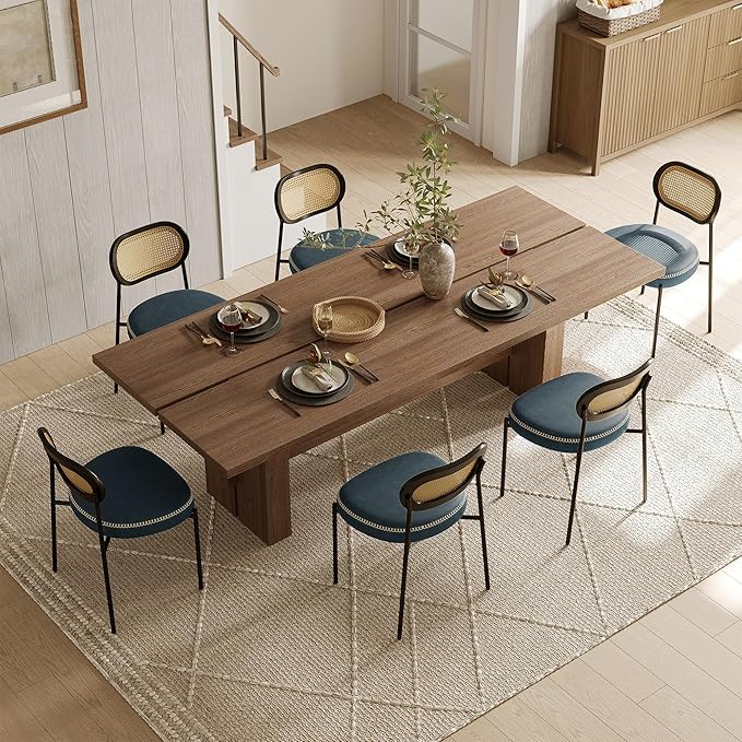 Rattan Dining Chairs Set of 6, Blue Leather Upholstered Dining Chairs with Rattan Cane Back, Mid Century Modern Dining Room Chairs with Black Metal Legs & D-Shaped Thicken Cushion, Blue