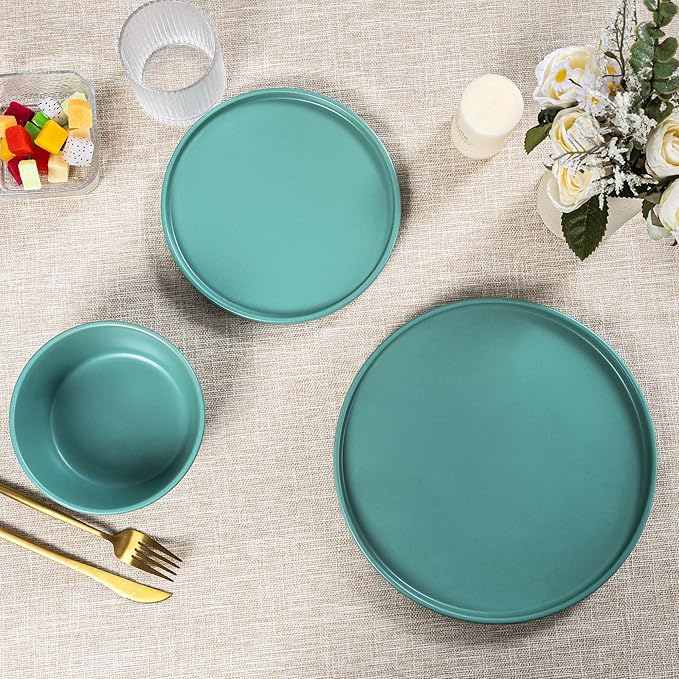 Dinnerware Sets for 4 - CJDC-QUELO 12-Piece Stoneware Plates and Bowls Sets, Ceramic Dishware Sets for Kitchen Use and Formal Dining, Chip and Scratch Resistant Microwave Dishwasher Safe, Green