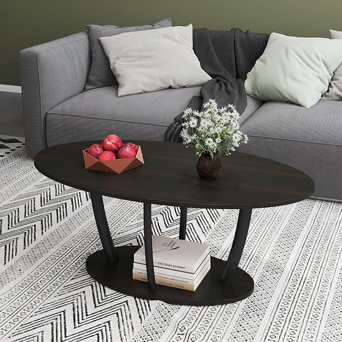 Manora Rustic Small Oval Coffee Table for Living Room, Narrow Wood Center Table with Shelf, Retro Style Coffee Table with Curved Metal Legs, Stable and Easy Assembly, Black Brown