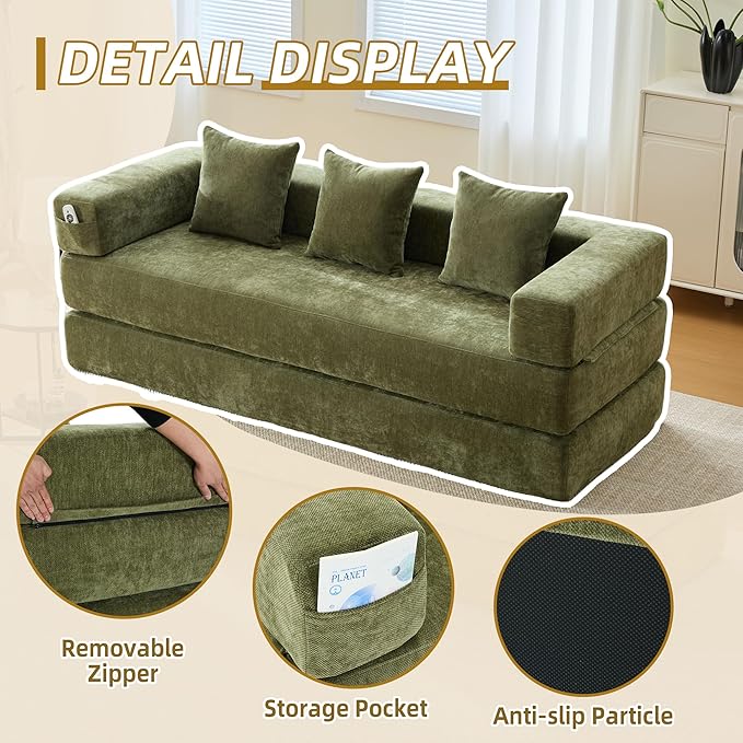Comfy Convertible Folding Mattress Couch, Floor Sofa Bed, Chenille Floor Sofa with Armrest, Floor Sofa Lounge Couch for Living Room Bedroom Lounge Studio-Green