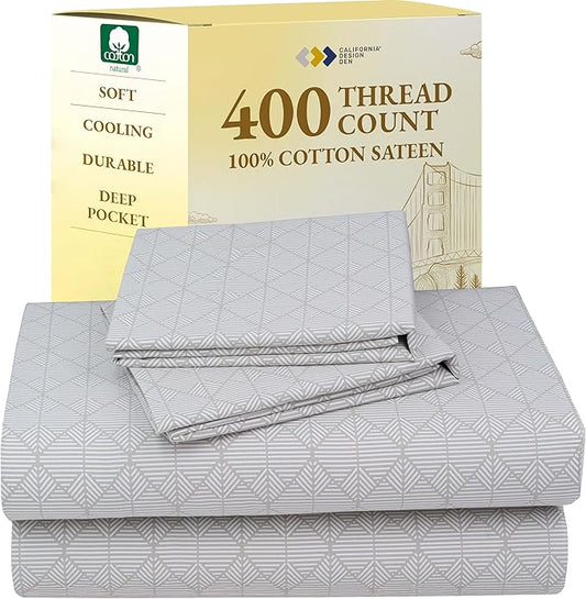 California Design Den Queen Sheet Set - 400 Thread Count Sateen, Natural 100% Cotton Sheet Set Queen Size, Deep Pocket Cooling and Durable Bedding - Taupish-Sage Crosshatch