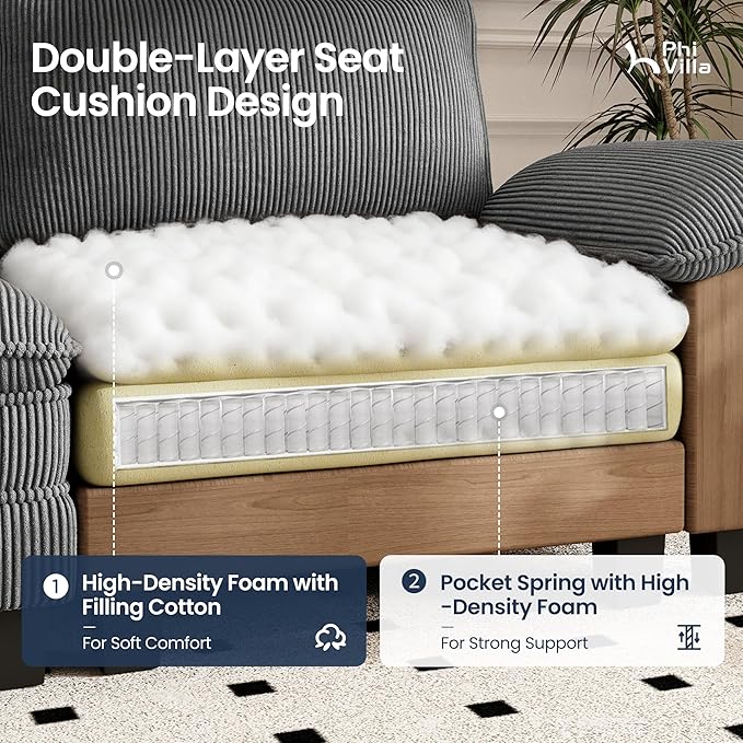 PHI VILLA Cloud Modular Couches Sets, 157.5" Sectional Sofa with Upholstered Deep Seat, 4-Seater Long Couches for Living Room Apartment, Corduroy Fabric, Grey