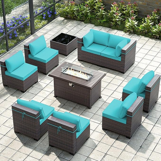Gotland 10 Pieces Patio Furniture Set with Fire Pit Table, All Weather Rattan Outdoor Furniture with 29.5'' High Backrest 4’’ Thick Cushions Coffee Table, Outdoor Sofa for Deck, Garden, Backyard, Blue