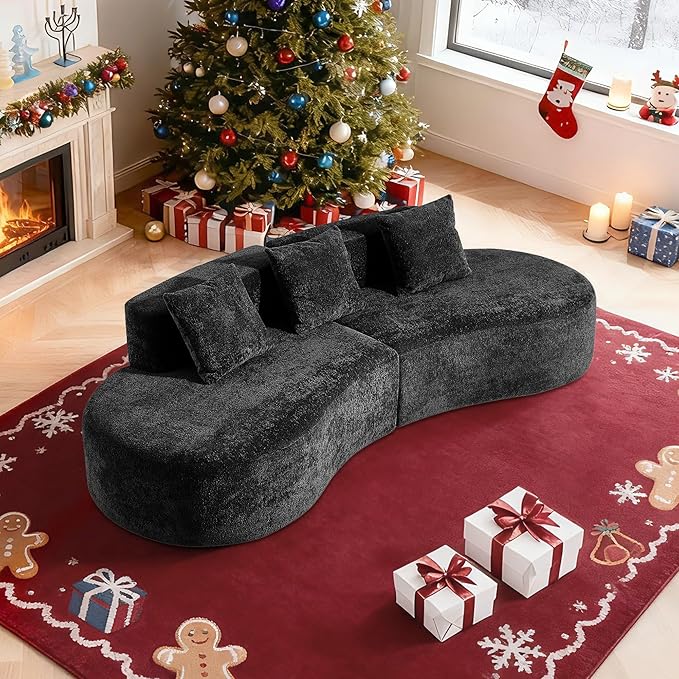 109'' Curved Couch, Mid Century Modern Half Moon Sofa, Luxury 3-Seat Couch with High-Density Foam Filled, Raindrop Velvet Fabric Sectional Sofa for Living Room, Apartment, Office, Black