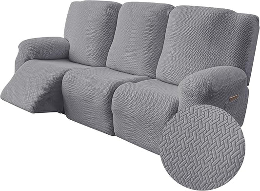 Genina Recliner Sofa Covers - Stretch Reclining Couch Covers with Stripe Jacquard - 3 Seat Cushion Slipcovers with Soft Fabric - Furniture Protector for Pet Kid (Light Gray)