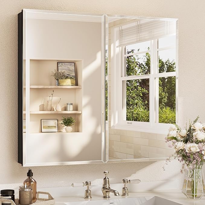 TETOTE 36 x 32 Mirrored Medicine Cabinets for Bathroom with Tempered Beveled Mirror Black Medicine Cabinet Aluminum Cabinet DTC Hinges, Stepless Adjustable Shelves, Recessed/Surface-Mounted