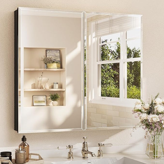 TETOTE 36 x 32 Mirrored Medicine Cabinets for Bathroom with Tempered Beveled Mirror Black Medicine Cabinet Aluminum Cabinet DTC Hinges, Stepless Adjustable Shelves, Recessed/Surface-Mounted