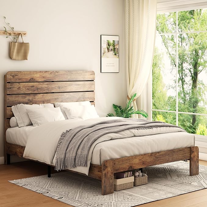 Queen Size Bed Frame with Wooden Headboard and Footboard, Rustic Platform Bedframe, Wood Slats Support, No Box Spring Needed, Under Bed Storage, Easy Assembly, Brown