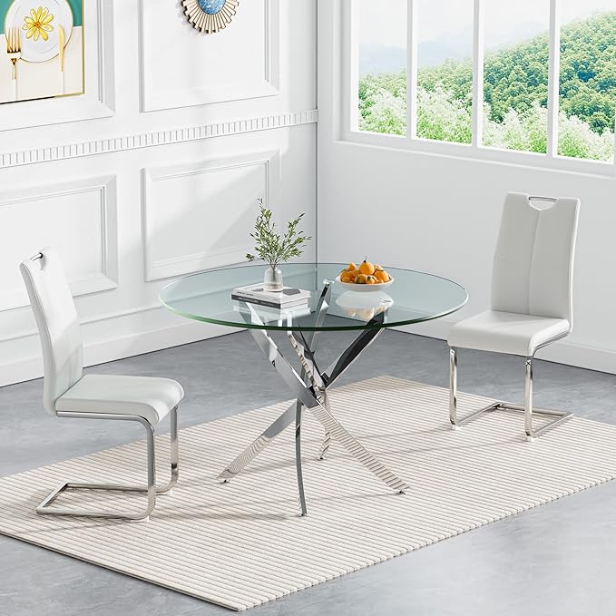 Goujxcy 3 Pieces Round Dining Table Set for 2, Modern Silver Glass Kitchen Table and Chairs for 2 with Upholstered Chairs, Circle Coffee Dining Table Set for Small Space,Apartment,Office