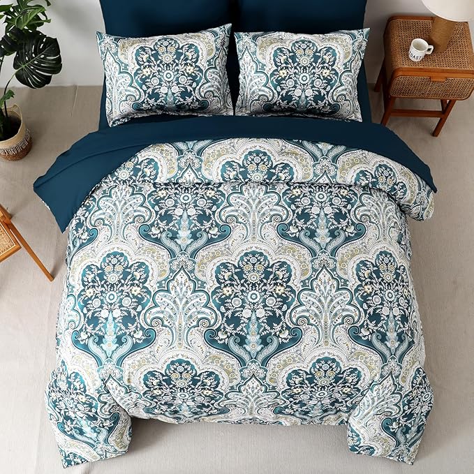 Drucon Boho Comforter Set Queen Size, 7 Pieces Bed in a Bag Paisley Comforter, Soft Lightweight Microfiber Bedding Set (1 Comforter, 1 Flat Sheet, 1 Fitted Sheet, 2 Pillow Shams, 2 Pillowcases)