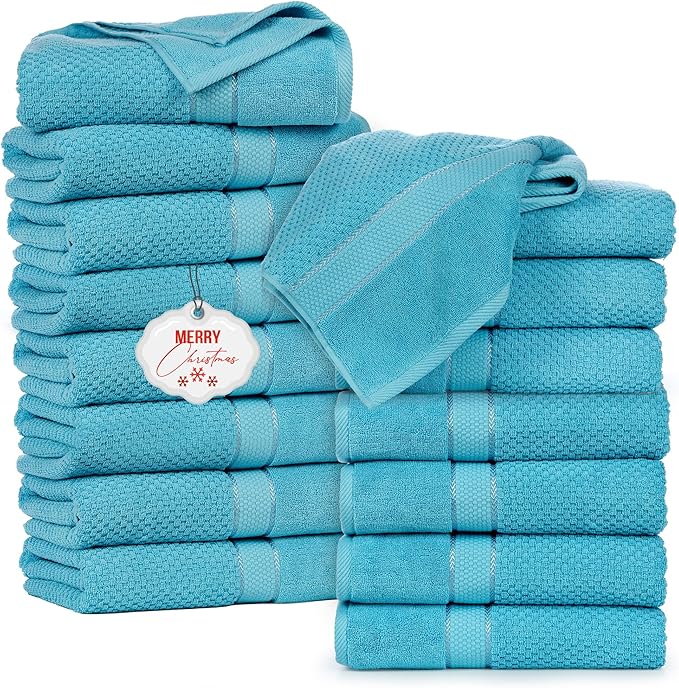 Ample Decor Bath Towels for Bathroom Set of 16 100% Cotton Sky Blue Popcorn Textured, Machine Washable - Mulaayam Collection - 30 X 54 Inch