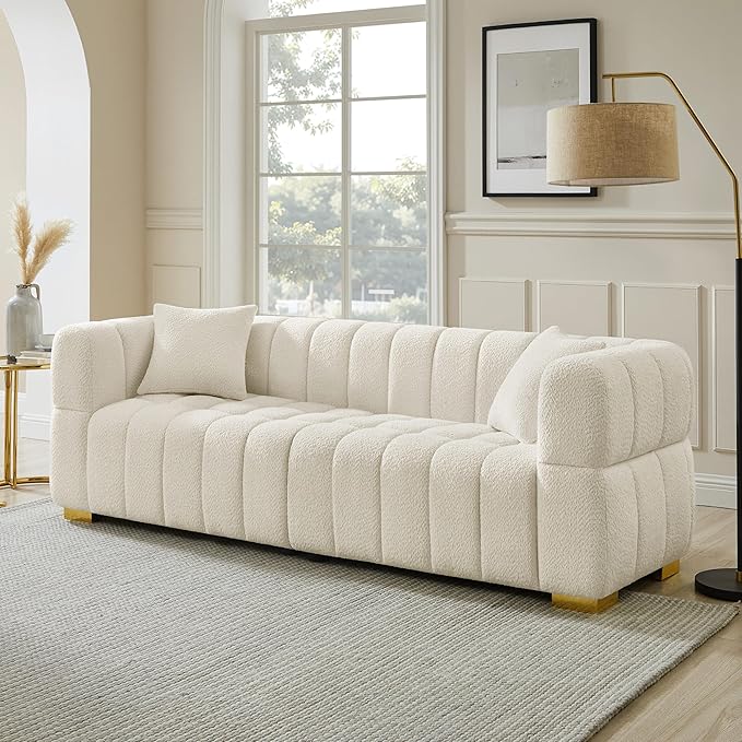 VANOMi 90.94”Cloud Sofa Couch, Modern Deep Seat Boucle Sofa, Oversized Upholstered 3-Seater Comfy Couch Loveseat for Living Room, Bedroom, Office, Apartment, White (1 Piece)