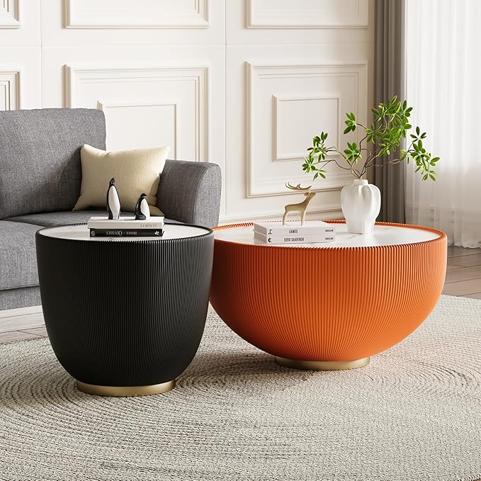 Orange Round Coffee Table with Sintered Stone Tabletop, 29.53" Drum Coffee Table with Fluted PU Leather Covered and Metal Base, Circle Cocktail Tea Table for Living Room