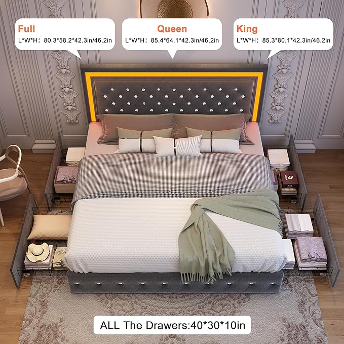 Queen Bed Frame with LED Lights, Storage Drawers, No Box Spring Needed, 900 lbs Capacity, Easy Assembly, Velvet Grey