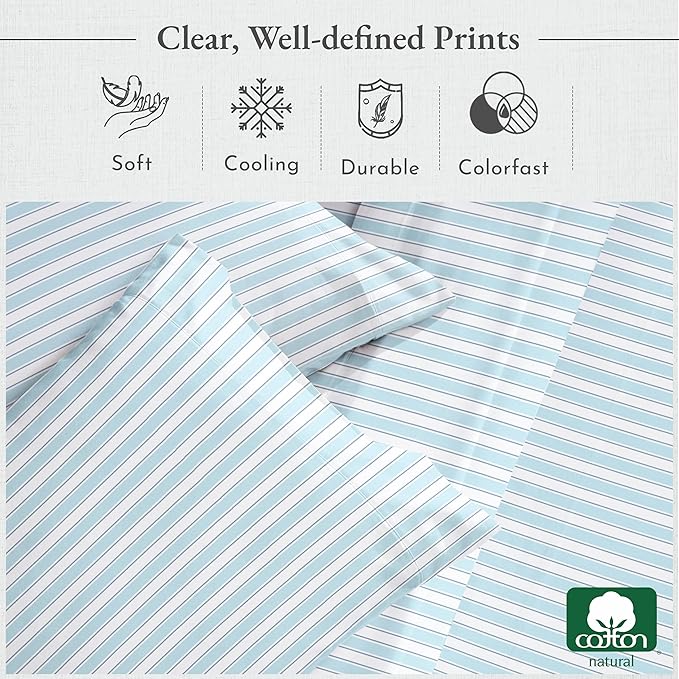 California Design Den Printed Twin XL Sheet Sets - 400 Thread Count Sateen, Natural 100% Cotton Sheets, Deep Pockets, Cooling and Durable Bedding Set - Cape Stripe