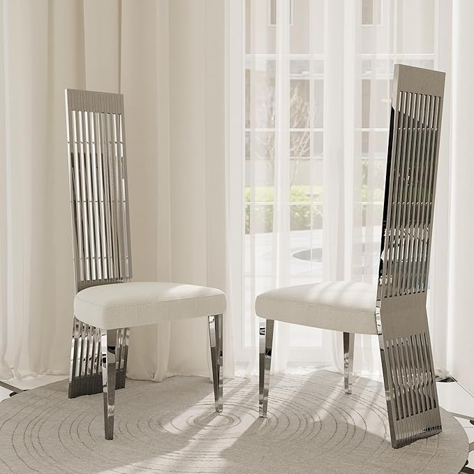White and Silver Dining Chairs Set of 2, Upholstered High Back Dining Chairs with Mirrored Stainless Steel Backrest and Legs, Modern Luxury Dining Room Chair for Kitchen Living Room Restaurant