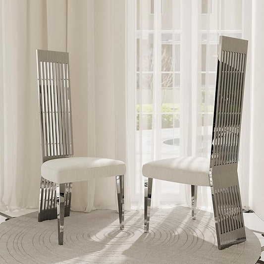 White and Silver Dining Chairs Set of 2, Upholstered High Back Dining Chairs with Mirrored Stainless Steel Backrest and Legs, Modern Luxury Dining Room Chair for Kitchen Living Room Restaurant