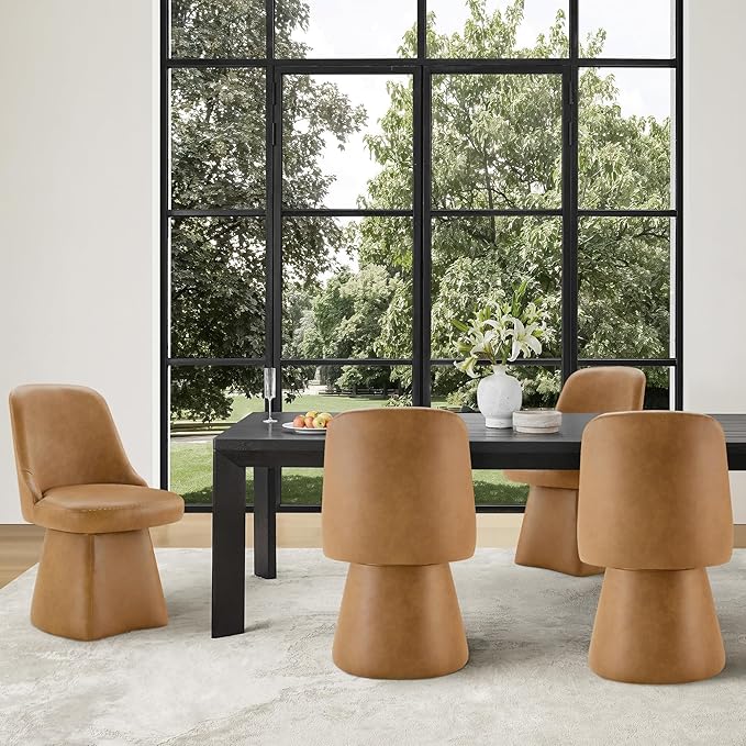 Swivel Dining Chairs Set of 4, Upholstered Mid Century Modern Deskchair with High Back, Faux Leather Kitchen Chairs for Dining Room, Bedroom, Dressing Room, Brown