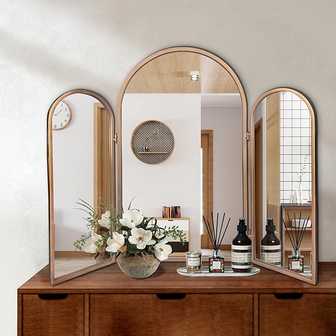 3 Way Mirror Bathroom, Trifold Vanity Mirrors for Bathroom Bedroom, Large Arch Mirrors Decorative Vintage Gold, Adjustable Makeup Mirror for Braiding Hair 360° Way Tabletop & Wall Mounted