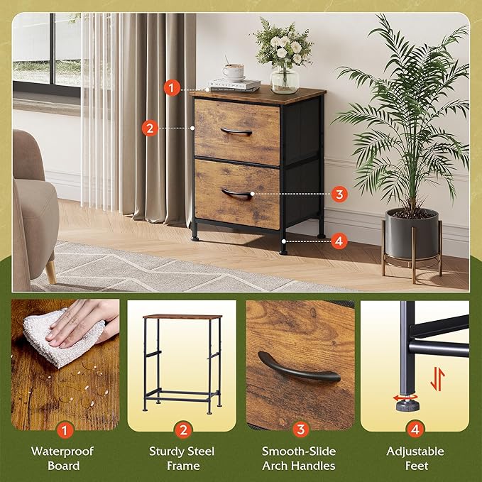 WLIVE Night Stand, Small Dresser with 2 Drawers & Wooden Top, Nightstand with Fabric Bins, Bedside Table End Table for Bedroom, Closet, Entryway, College Dorm, Rustic Brown