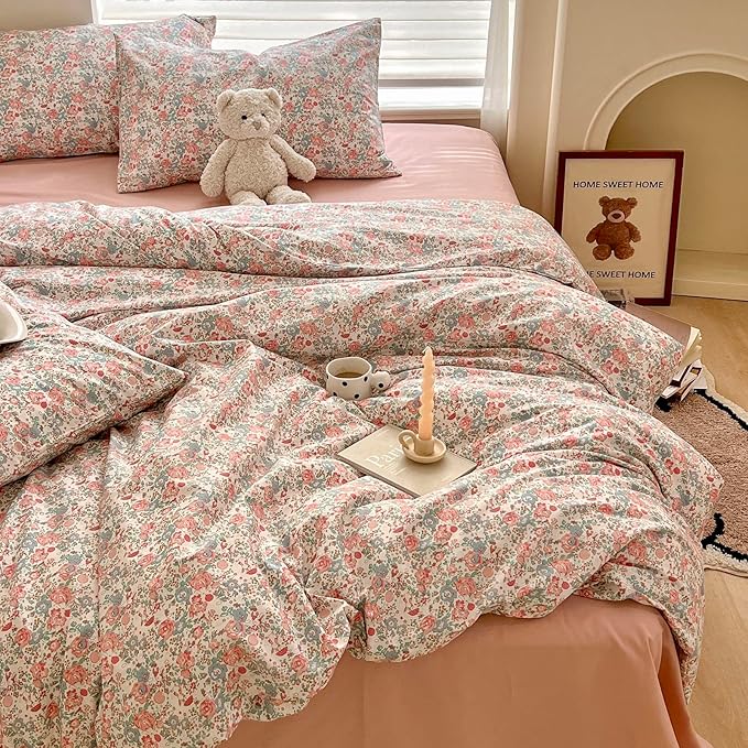 EAVD Boho Floral Comforter Set Twin XL Girls Soft Microfier Chic Shabby Pink Floral Bedding Set with 2 Pillowcases French Style Garden Botanical Comforter for All-Season