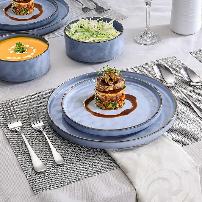 LIANYU Dinnerware Dish Sets for 2, 6 Piece Stoneware Plates and Bowls Sets, Kitchen Dinner Set for Dessert Salad Pasta, Microwave & Dishwasher Safe, Serenity Blue