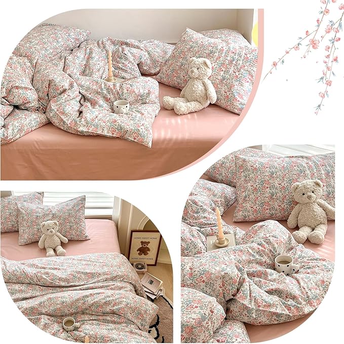 Boho Floral Duvet Cover Twin Soft Cotton Aesthetic Floral Bedding Sets French Style Pink Blue Flower Branches Duvet Cover Chic Shabby Garden Floral Comforter Cover Botanical Twin Size Bedding Sets