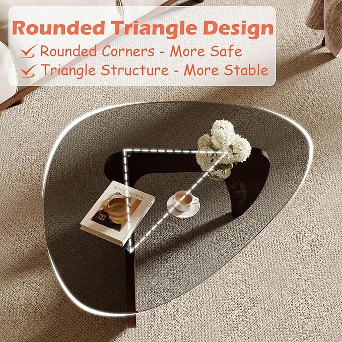 Modern Coffee Table for Living Room and Small Spaces, 43.3" x 29.5" x 15.8" Triangle Tempered Glass Table Top and Eco-Friendly MDF Base, Walnut