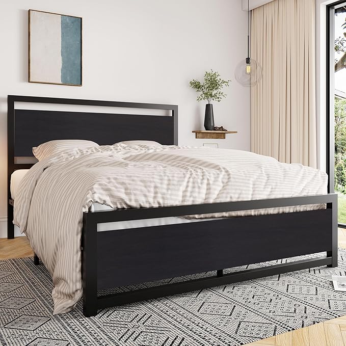 Allewie Queen Bed Frame with Headboard, Heavy Duty Metal Platform Base with Strong Support, Underneath Storage Space, Stable Mattress Foundation, No Box Spring Needed, Black