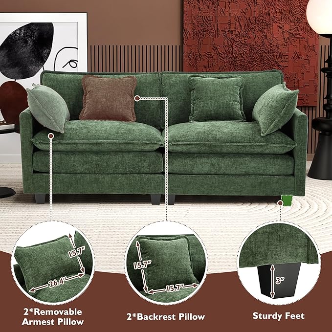 Ihanherry Cloud Sofa 77 Inch Loveseat, Modern Sectional Couch, 2-Seats Sofa for Living Room Bedroom and Apartment, Comfy Double Layer Upholstered Seat Cushion, Breathable Chenille Fabric, Green