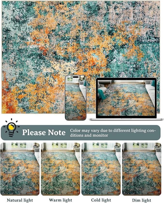 Washable Area Rug for Living Room: 10X14 Modern Abstract Neutral Soft Rug for Bedroom Dining Room No Slip Low Pile Carpet for Nursery Home Office - Teal/Orange