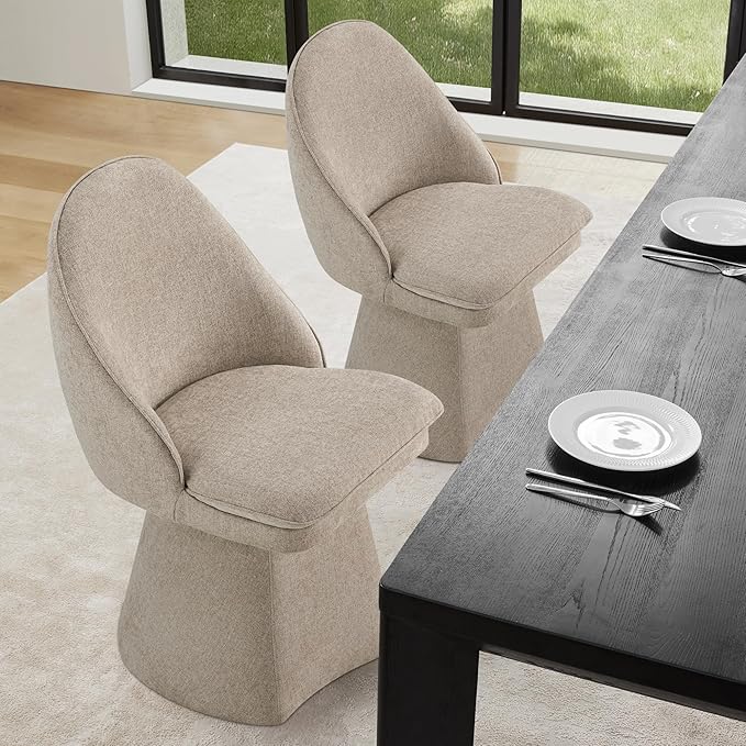 Swivel Dining Chairs Set of 1, Upholstered Mid Century Modern Deskchair with Round Back, Linen Fabric Kitchen Chairs for Dining Room, Bedroom, Dressing Room, Khaki