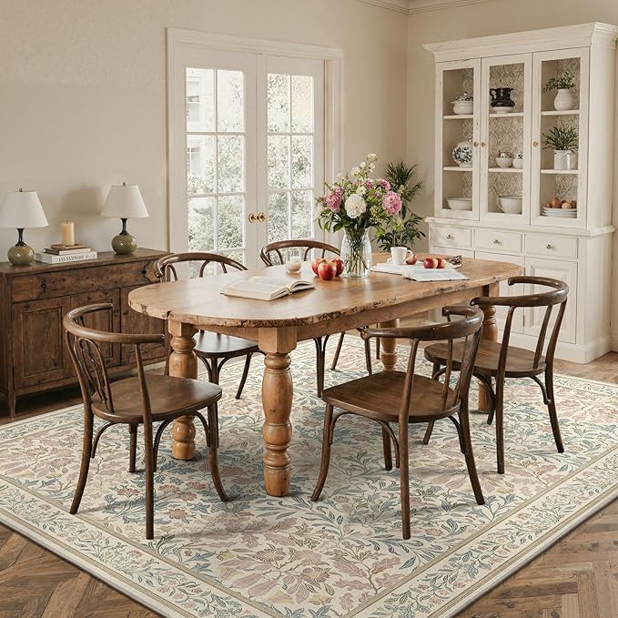 GENIMO 6x9 Washable Area Rug, Non-Slip Vintage Boho Floral Carpet, Soft Low-Pile Thin Living Room Rug for Bedroom, Dining Room, Nursery, Beige Pink