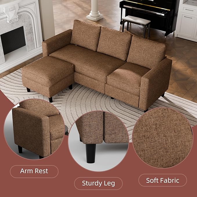 JAMFLY Sectional Sofa Couch Convertible L Shaped Sofas with Ottoman Small Sectional Couches for Living Room, 3 Seater Couch for Small Spaces, Brown