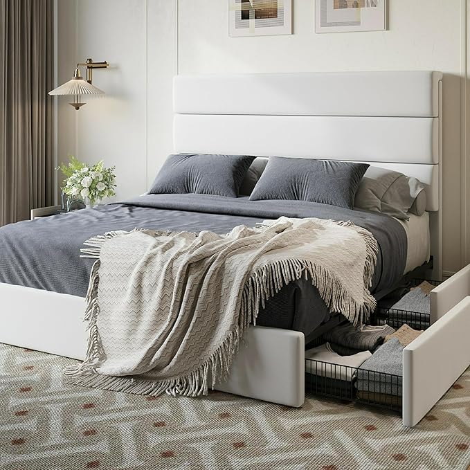 SHA CERLIN Full Size Platform Bed Frame with 4 Storage Drawers, Velvet Upholstered Headboard, Mattress Foundation with Wooden Slats Support, No Box Spring Needed, Easy Assembly, White