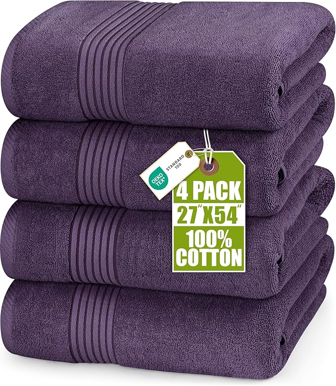 Utopia Towels Luxurious Bath Towels Set, 4 Pack, 27 x 54 Inches – 100% Ring Spun Cotton, Thick, Plush, and Fast-Drying, Designed for Premium Hotels, Spas, and Homes, Plum