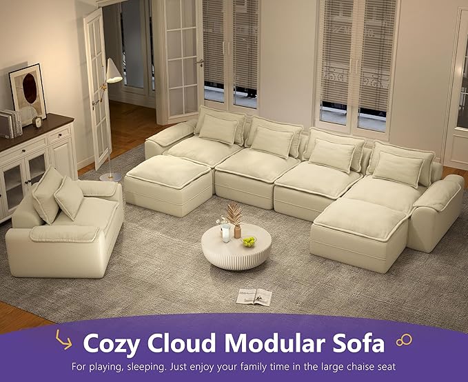 Hobestluk 152" Cloud Modular Sectional Couch 4-Seater Sofa with Ottomans U Shaped Couch Deep Seat Sofa with Removable Cover for Living Room (Beige, 4-Seater Sofa with Two Ottomans)