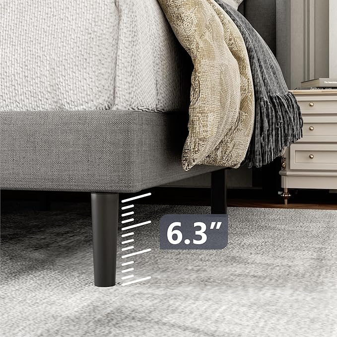 Queen Size Bed Frame with Upholstered Wingback Headboard, Easy Assemnly Platform Bed, Wooden Slat Support No Box Spring Needed, Light Gray