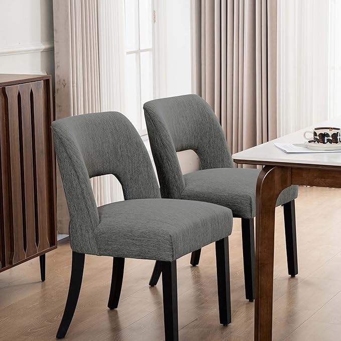 VKNOW Wooden Dining Chairs Set of 6, Modern Fabric Upholstered Dining Room Chair Kitchen Chairs, Farmhouse Dinner Chair for Kitchen Dining Room, Dark Grey-Black Legs