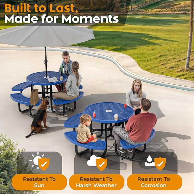 Metal Picnic Tables for Outdoors with Umbrella Hole - Coated Steel Heavy Duty Commercial Grade Furniture Set with Adjustable Seats (Blue, 38 in, Round, Expanded Steel)