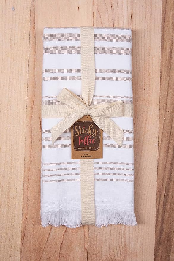 Sticky Toffee Hand Towels for Bathroom Set of 2 – 28x16 in White and Tan Striped Turkish Towels, Soft and Absorbent Decorative 100% Cotton Bath Towels