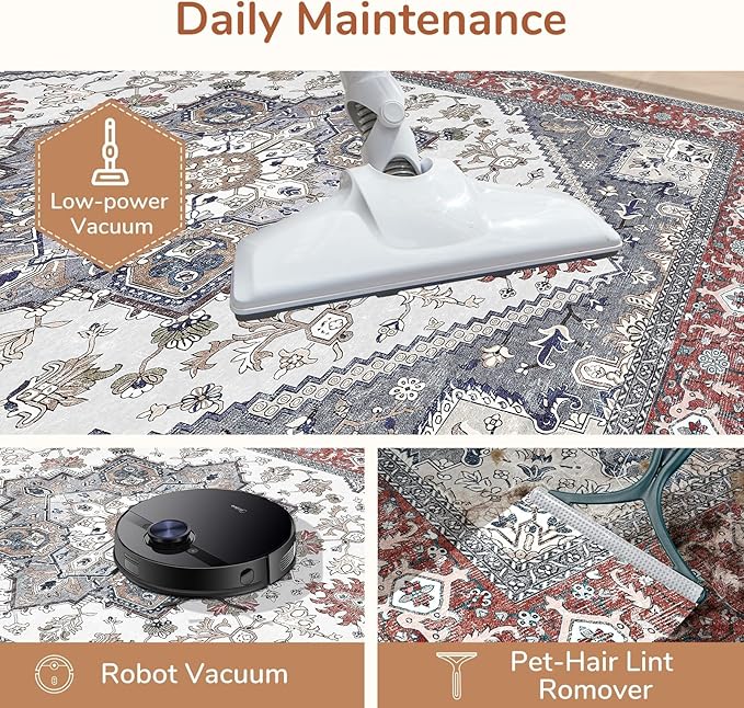OPPODREAM Thin Area Rugs 4x6, Low-Pile Washable Rugs 4x6 with Non Slip Backing, Faux Cashmere 4 x 6 Throw Carpet, Red & Grey