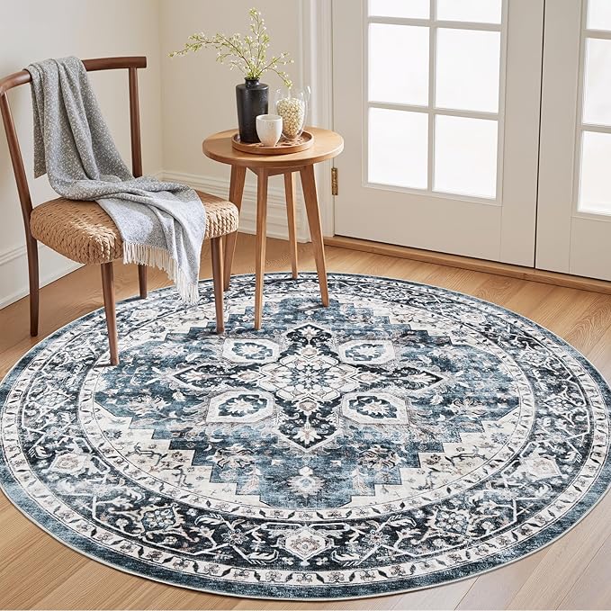 AMADA HOMEFURNISHING 5ft Round Area Rug, Low-Profile Washable 5x5 Rugs with Non-Slip Backing & Durable Edge Binding, Vintage Rug for Kitchen, Bedroom & Hallway, Blue