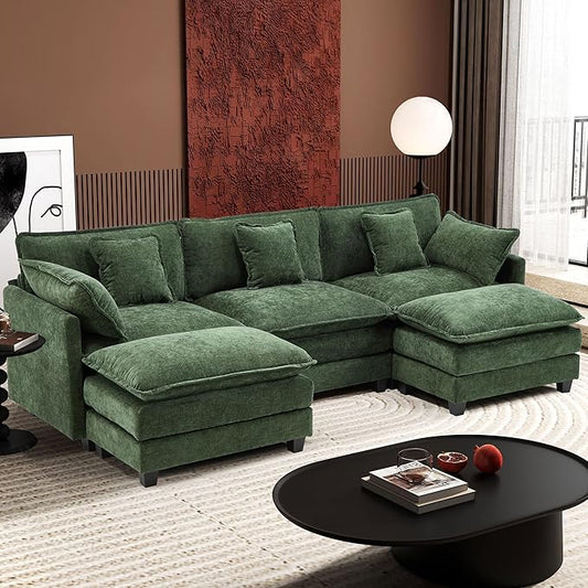 Ihanherry 111.4" U Shaped Modern Sofa Modular Sectional Cloud Couch with 2 Ottoman, 5-Seat Chenille Deep Seat Sofa with Pillow for Living Room, Bedroom and Apartment, Green